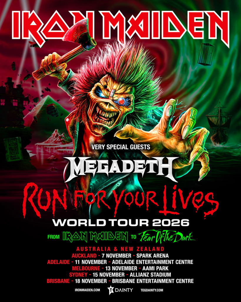 Iron Maiden Run For Your Lives World Tour 2026 Australia poster featuring Megadeth